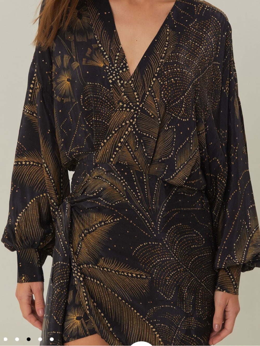 FARM Rio Golden Foliage Black Mini Puffy Sleeve Dress Size M Medium NWT - Picture 2 of 9